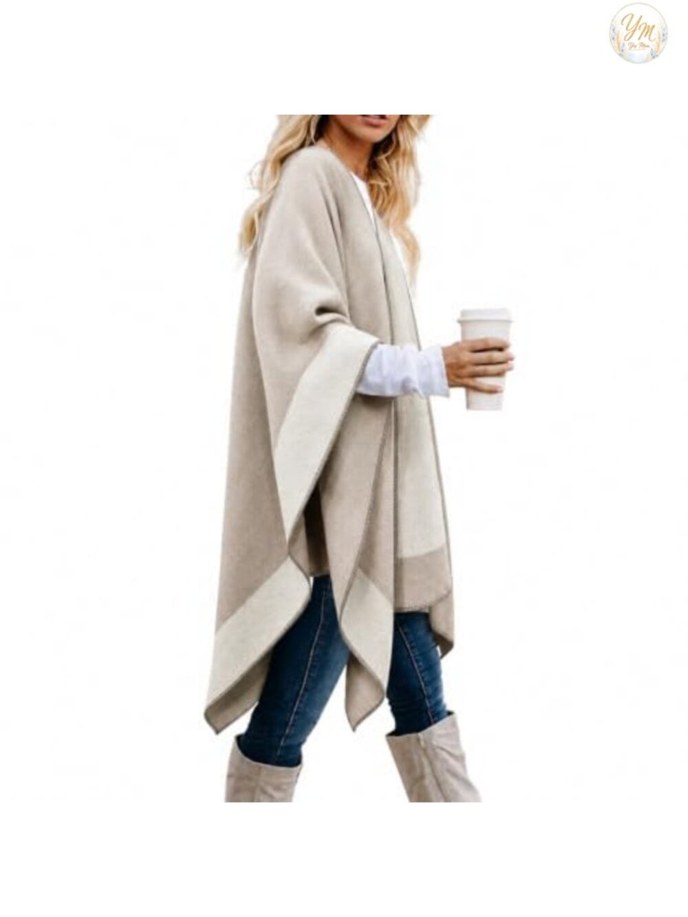 Reversible Plaid Shawl Wrap Open Front Poncho Cotton Blend